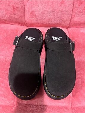 Dr. Martens ZEBZAG Black Suede Slingback Platform Mules with Yellow Stitching